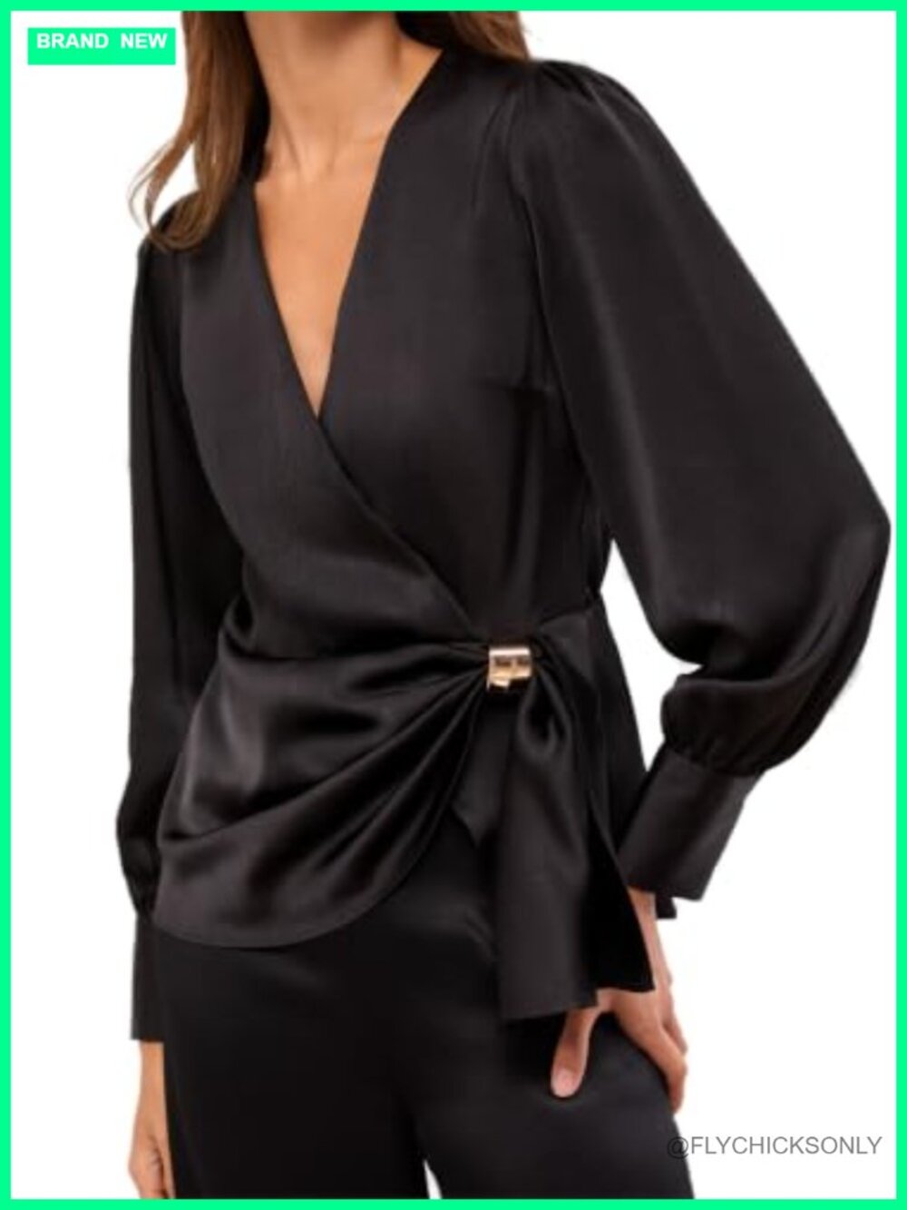 Satin Peplum Blouse V-Neck Long Sleeve Cinched Waist Dressy Top